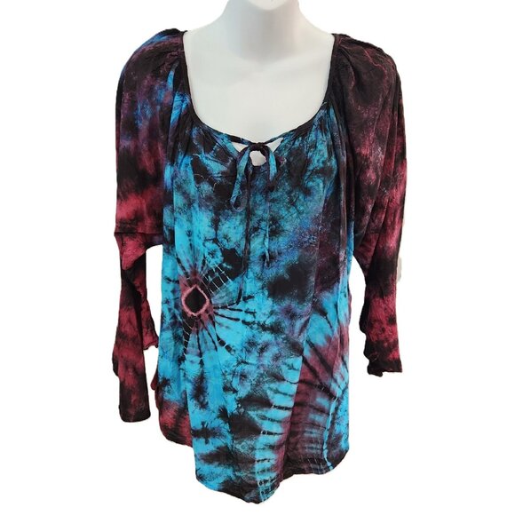 Gypsy Rose Peasant Top Tie Dye Bell Flutter 3/4 Sleeve Scoop Tie Neck Hippie Med - Picture 1 of 14